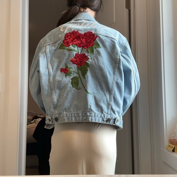Aritzia Light Blue Denim Jacket with Red Floral Embroidery - Picture 6 of 7